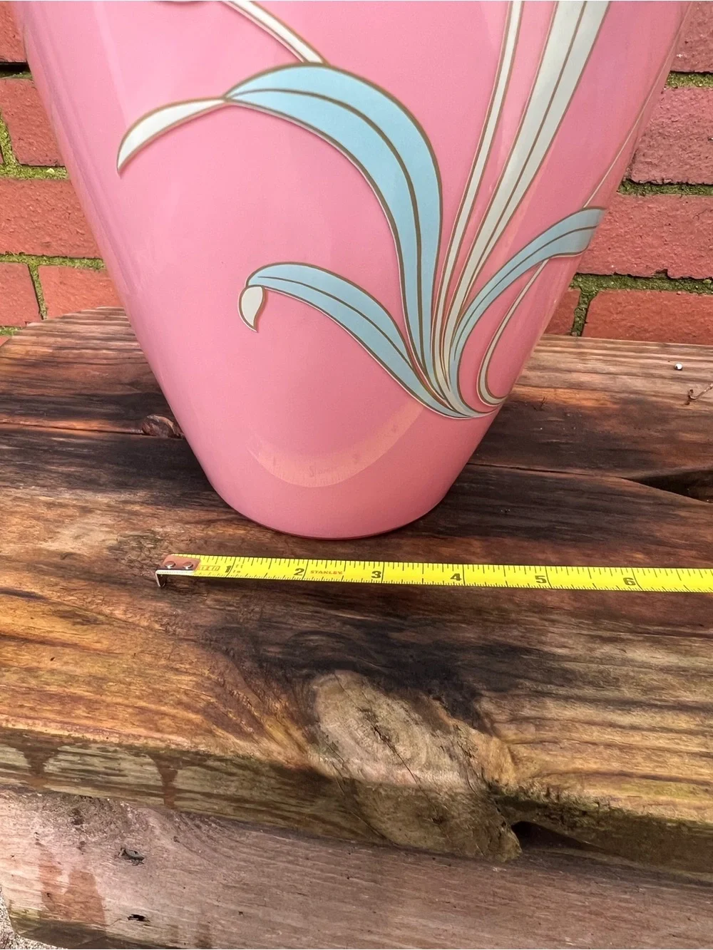 Vintage 1980s Pink Ceramic Floor Vase with Hand-Painted Art Deco Iris Design